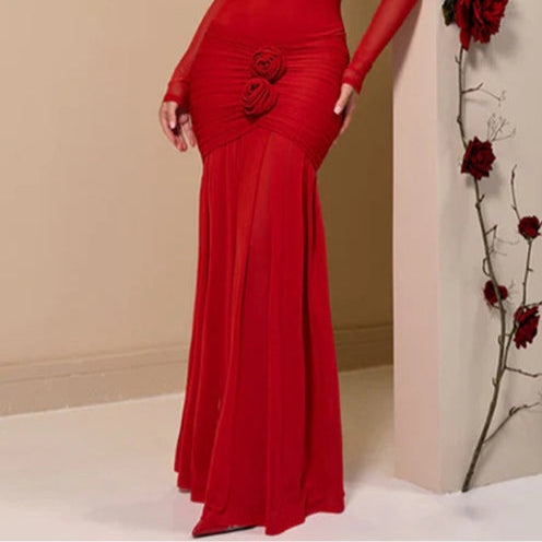 Women's Elegant Solid Color Fold-Over Pleated Evening Dress with Long