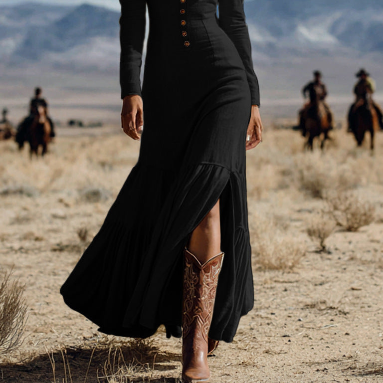 Sexy Long Sleeve Western Style Button-Front Maxi Dress