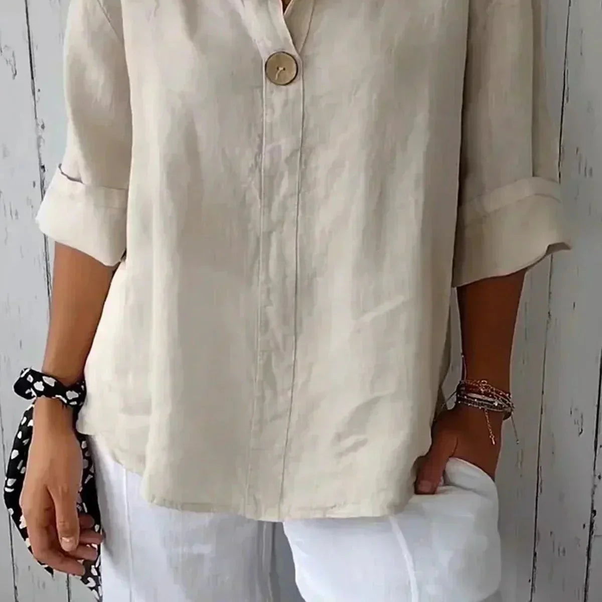 Women > V-Neck Top : Women's Effortless Relaxed-Fit V-Neck Top in Beige (Almost sold out) van Paper Favor