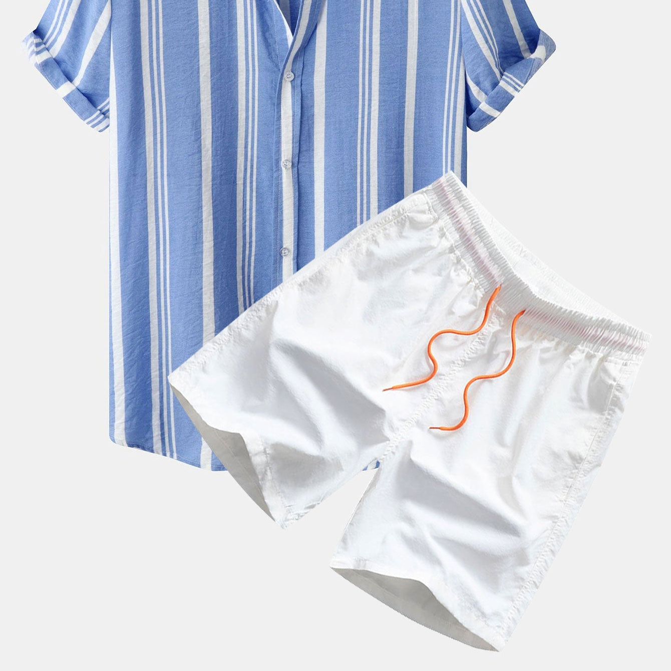 Men's Striped Print Button-Up Shirt & Swim Shorts Set