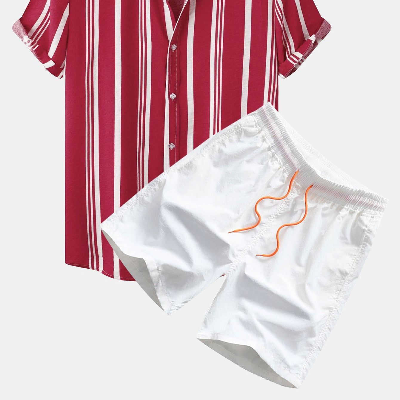 Men's Striped Print Button-Up Shirt & Swim Shorts Set