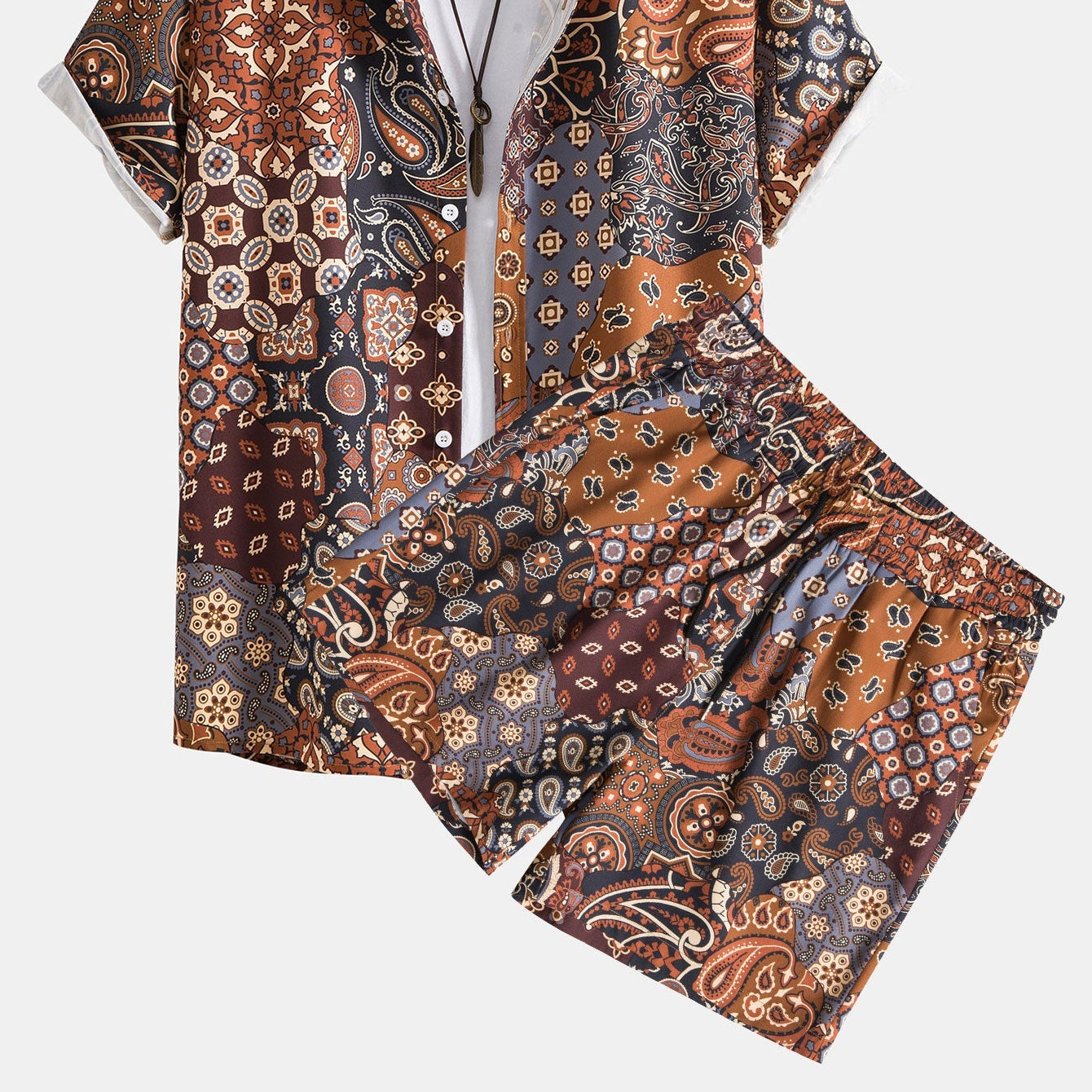Men's Paisley Patchwork Print Button-Up Shirt & Shorts Set
