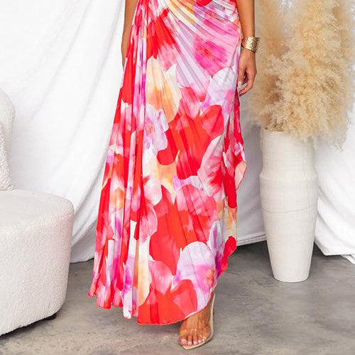 Women's Asymmetrical sleeveless printed and pleated long dress for a