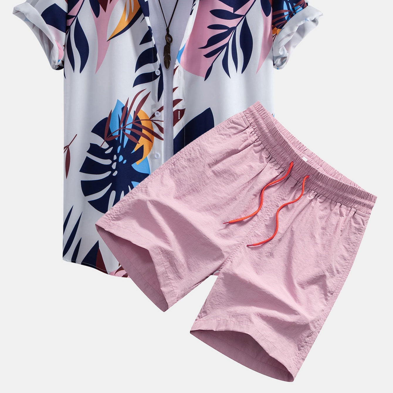 Men's Leaf Color-Block Print Button-Up Shirt & Swim Shorts Set