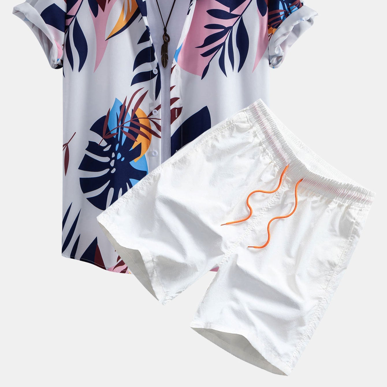 Men's Leaf Color-Block Print Button-Up Shirt & Swim Shorts Set