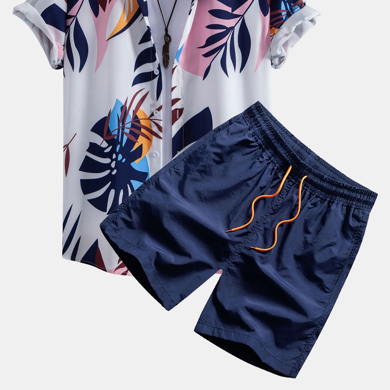 Men's Leaf Color-Block Print Button-Up Shirt & Swim Shorts Set