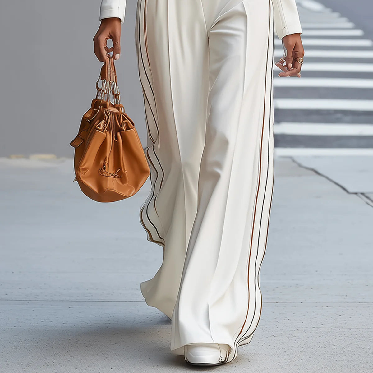 White Stand-Up Collar Zip-Up Top with Wide-Leg Pants Set