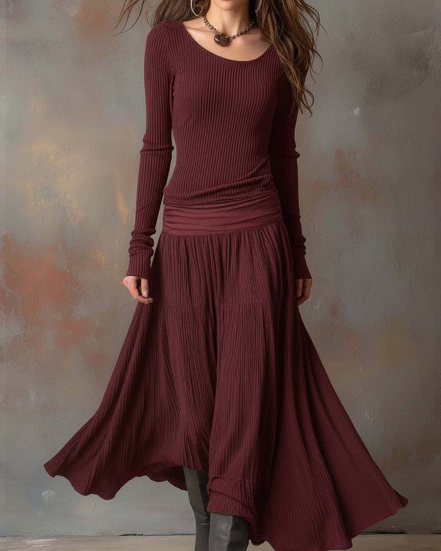 Long Sleeve Midi Dress : Felicity | Luxury Ribbed Sweater Dress in Burgundy van Paper Favor