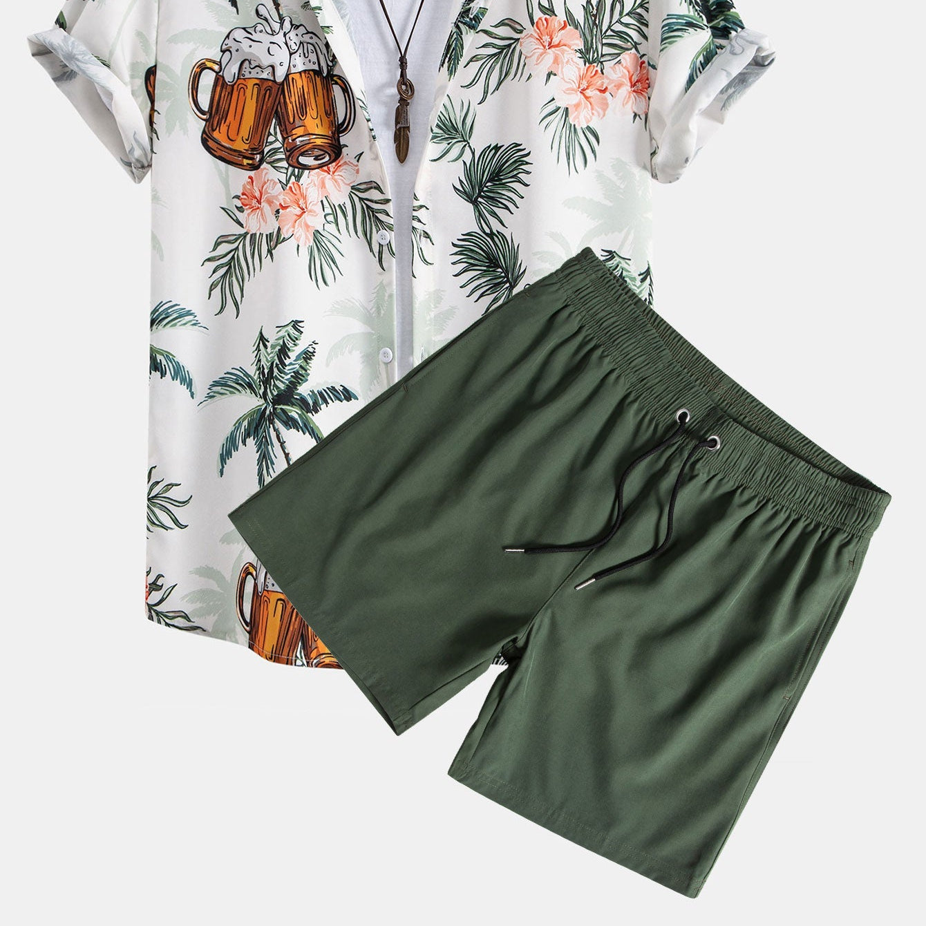 Men's Vibrant Palm Tree & Beer Print Button-Down Shirt + Solid