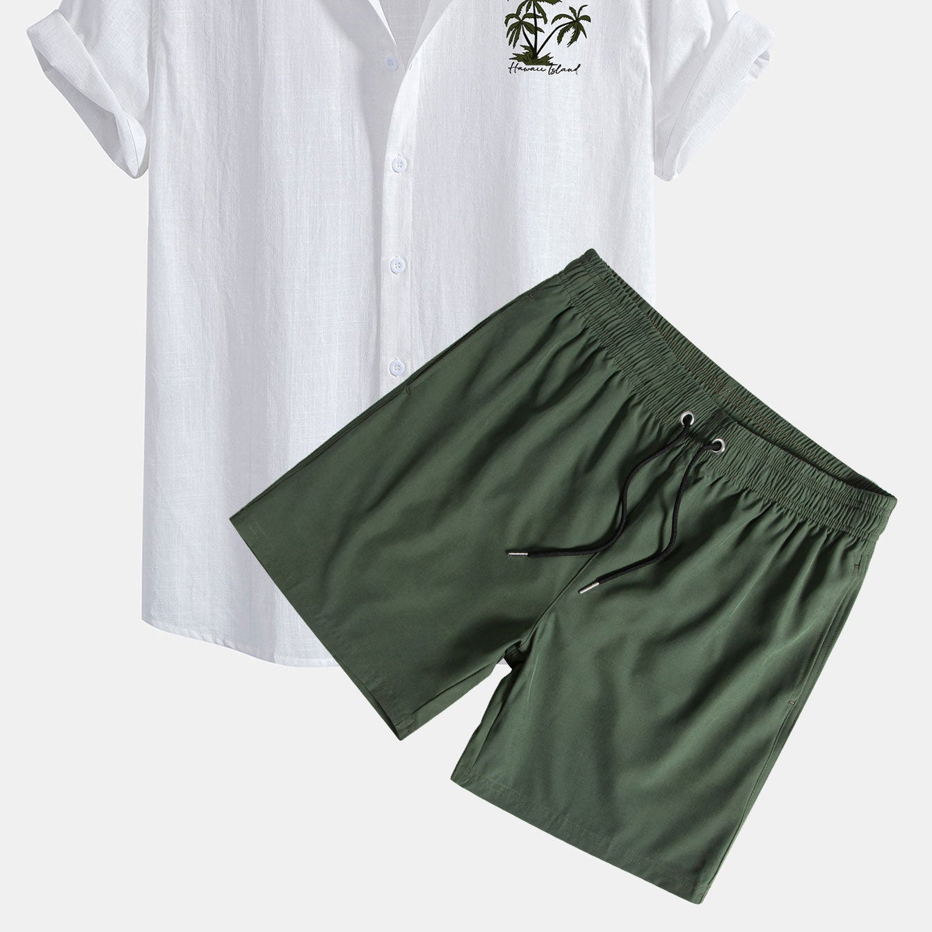 Men's Hawaiian Palm Tree Print Button-Down Shirt & Swim Shorts Set