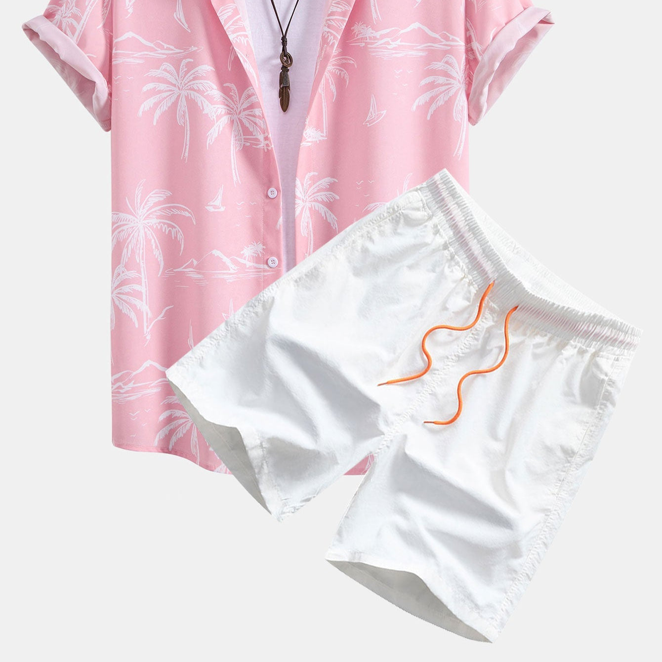 Men's Palm Tree Island Print Button-Up Shirt & Drawstring Swim Shorts