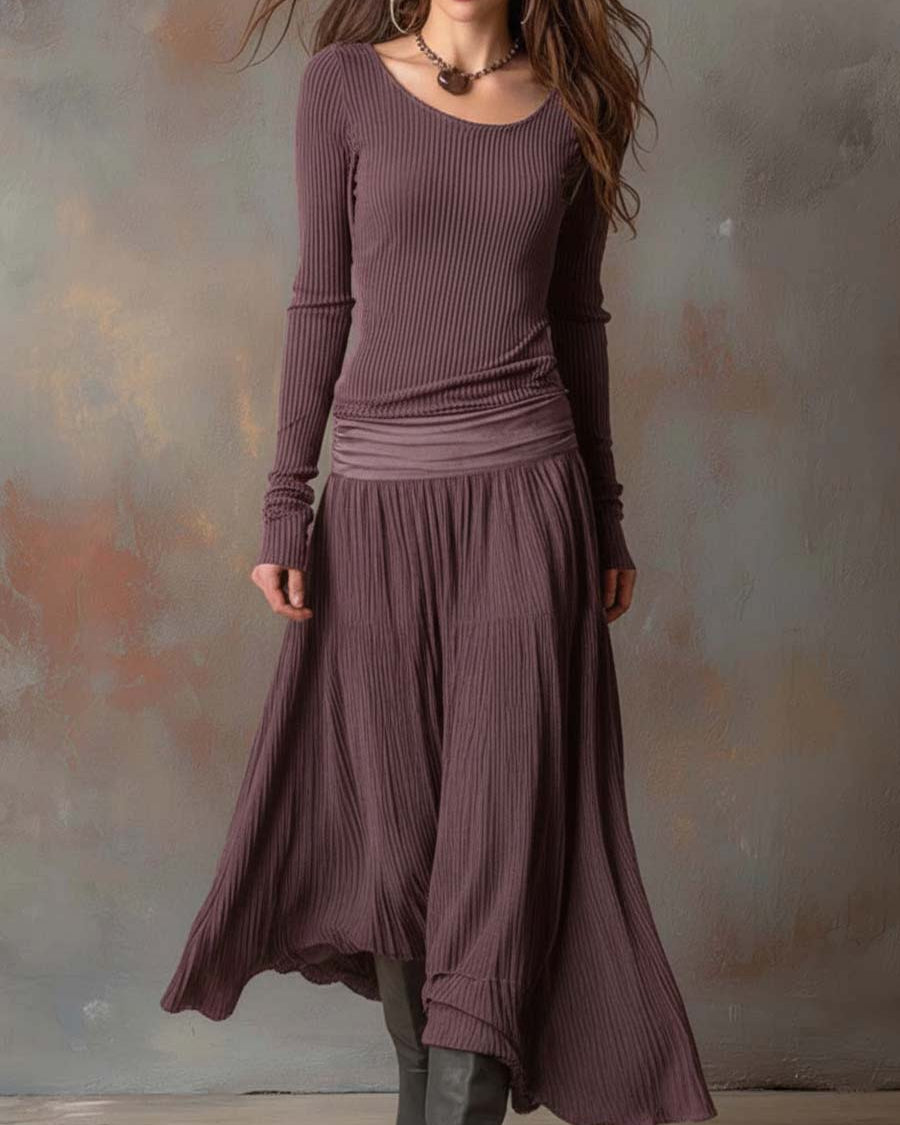 Long Sleeve Midi Dress : Felicity | Luxury Ribbed Sweater Dress in Grayish Purple van Paper Favor