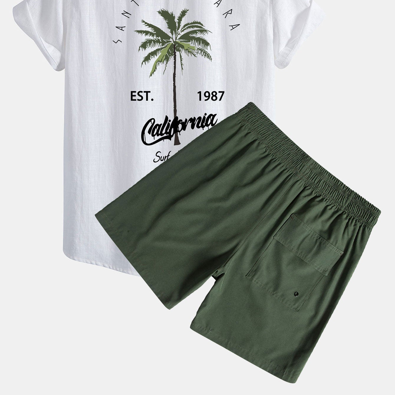 Men's Palm Tree Print Button-Up Shirt & Swim Shorts Set