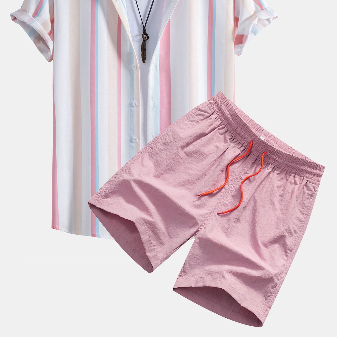 Men's Vibrant Striped Print Button-Up Shirt & Swim Shorts Set