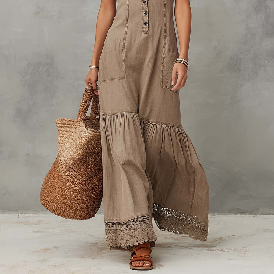 Women's Timeless Khaki Pure Cotton Sleeveless Maxi Dress