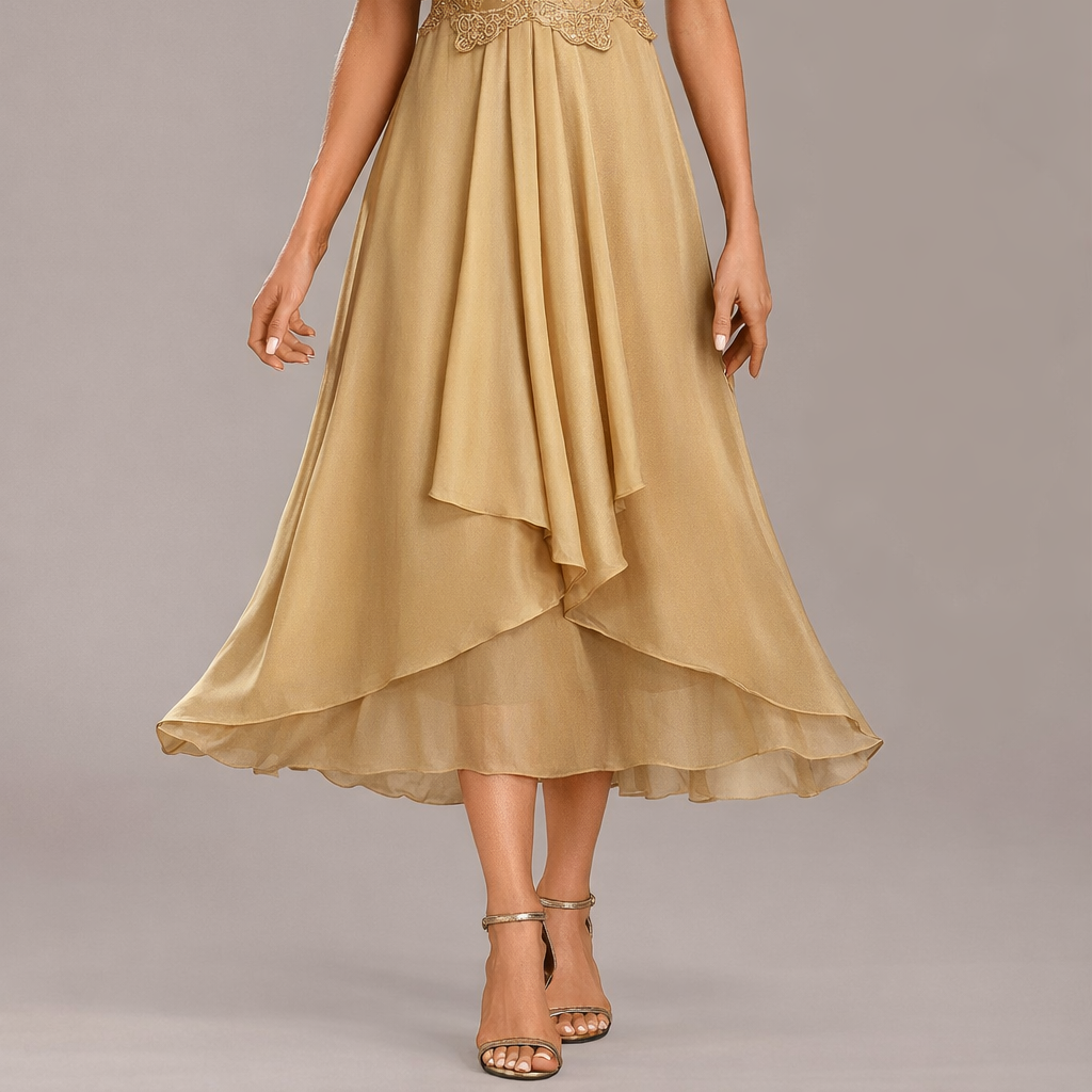 Dress : Luna Champagne Sleeved Round-Neck Dress in Gold van Paper Favor