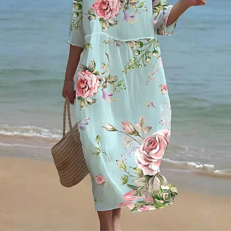 Clothing > Dresses : Keely | Sunset Flower Dress in Blue Flowers van Paper Favor