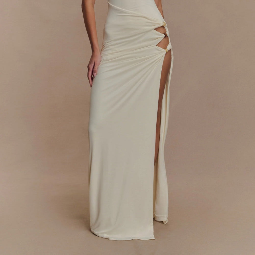 Women's Elegant Slinky Beaded Maxi Dress in Ivory - Perfect for
