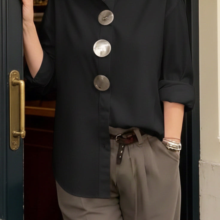 TOP : Rosaline™ | Statement Button Stand Collar Blouse in Black van Paper Favor