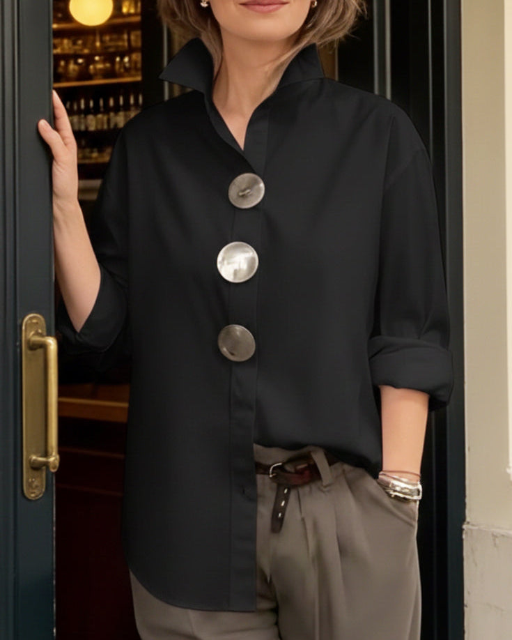 TOP : Rosaline™ | Statement Button Stand Collar Blouse in Black van Paper Favor