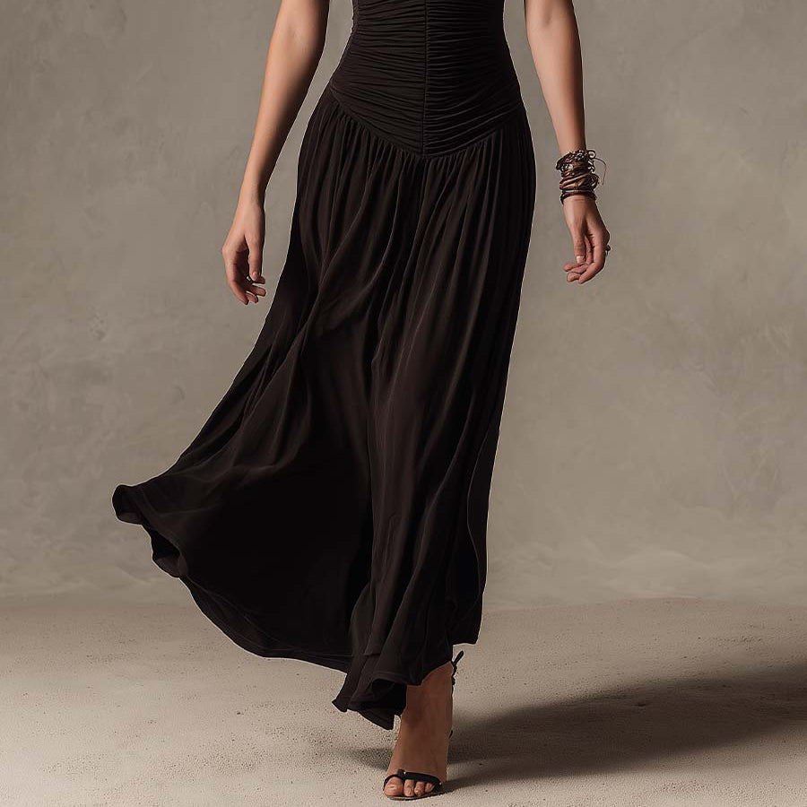 Women's Chic Black Sleeveless Knit Pleated Maxi Dress