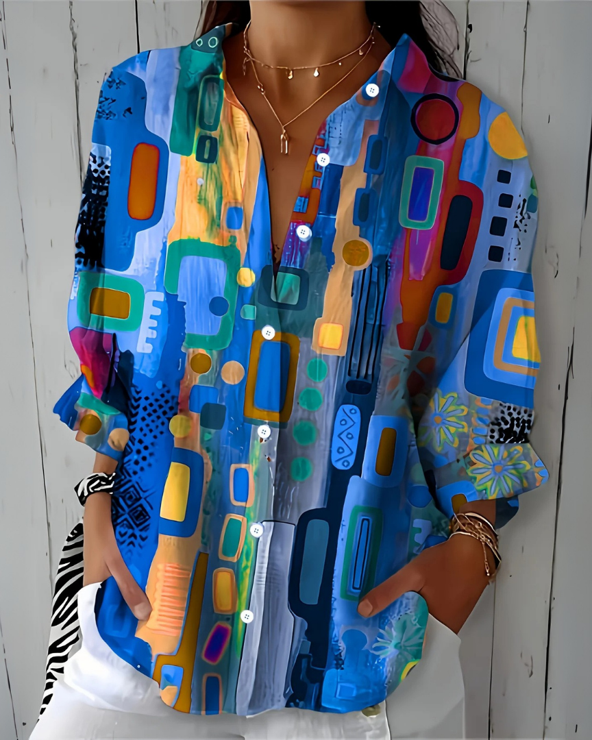Blouse : Catalina | Vibrant Artistic Button-Up Blouse in Yellow van DUUWE