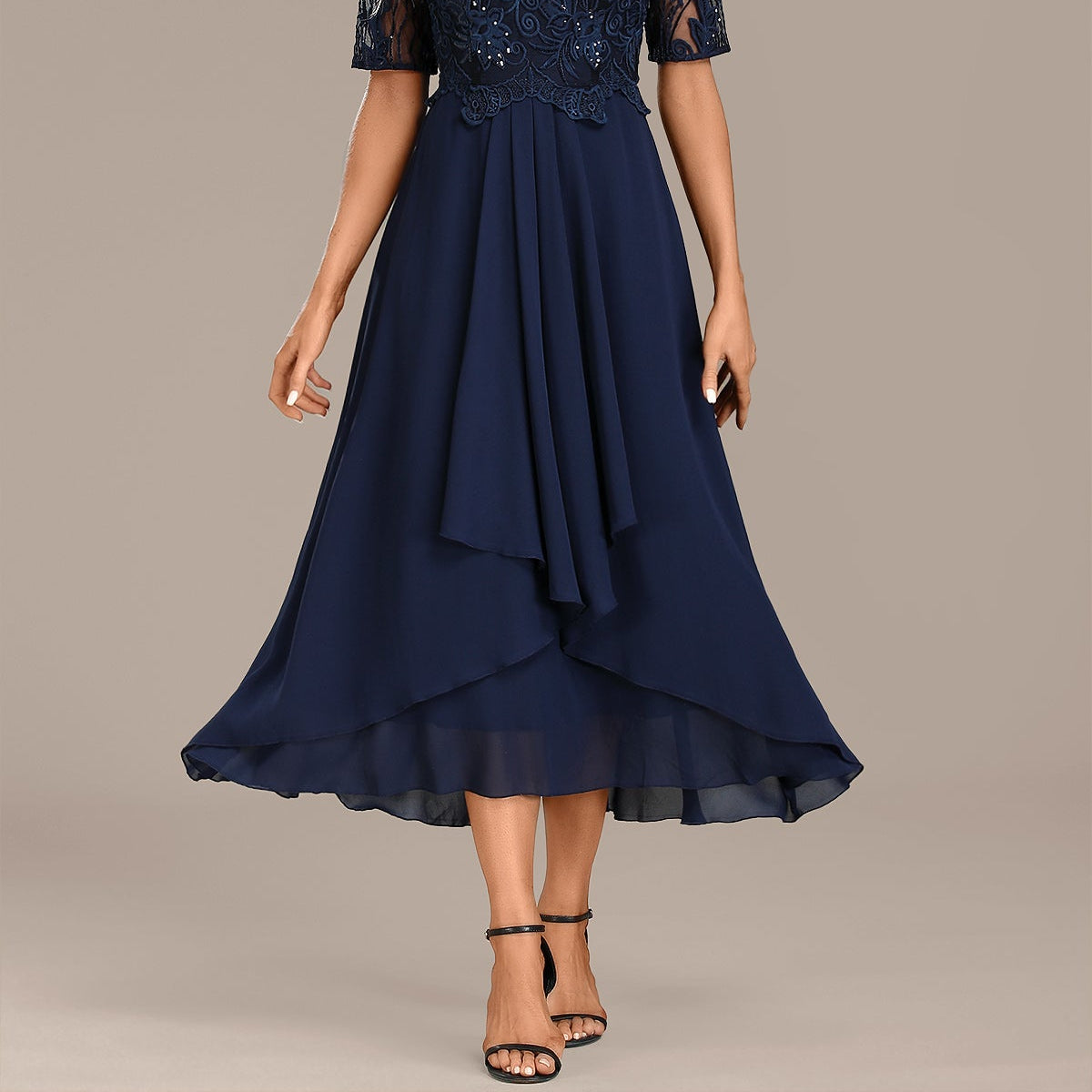 Women > Dresses > Midi : Women's Sophie Navy Lace Short-Sleeve Dress with Round Neck in Navy van Paper Favor