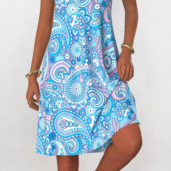 Women > Dresses : Women's Alisa Light Blue Eyelet Dress with Tribal Print - Sleeveless in Light Blue van Paper Favor