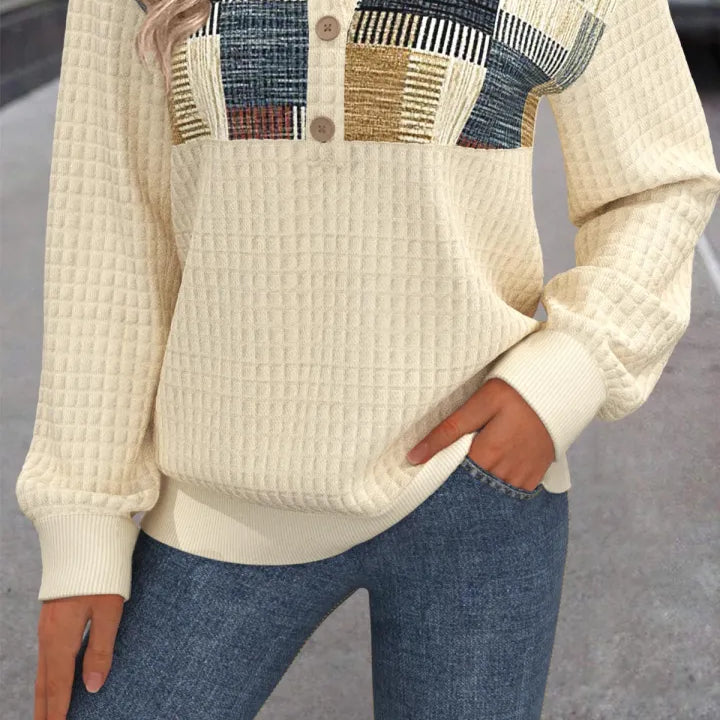 Linora Patchwork Knit with Buttons - Cozy, Textured Knitwear