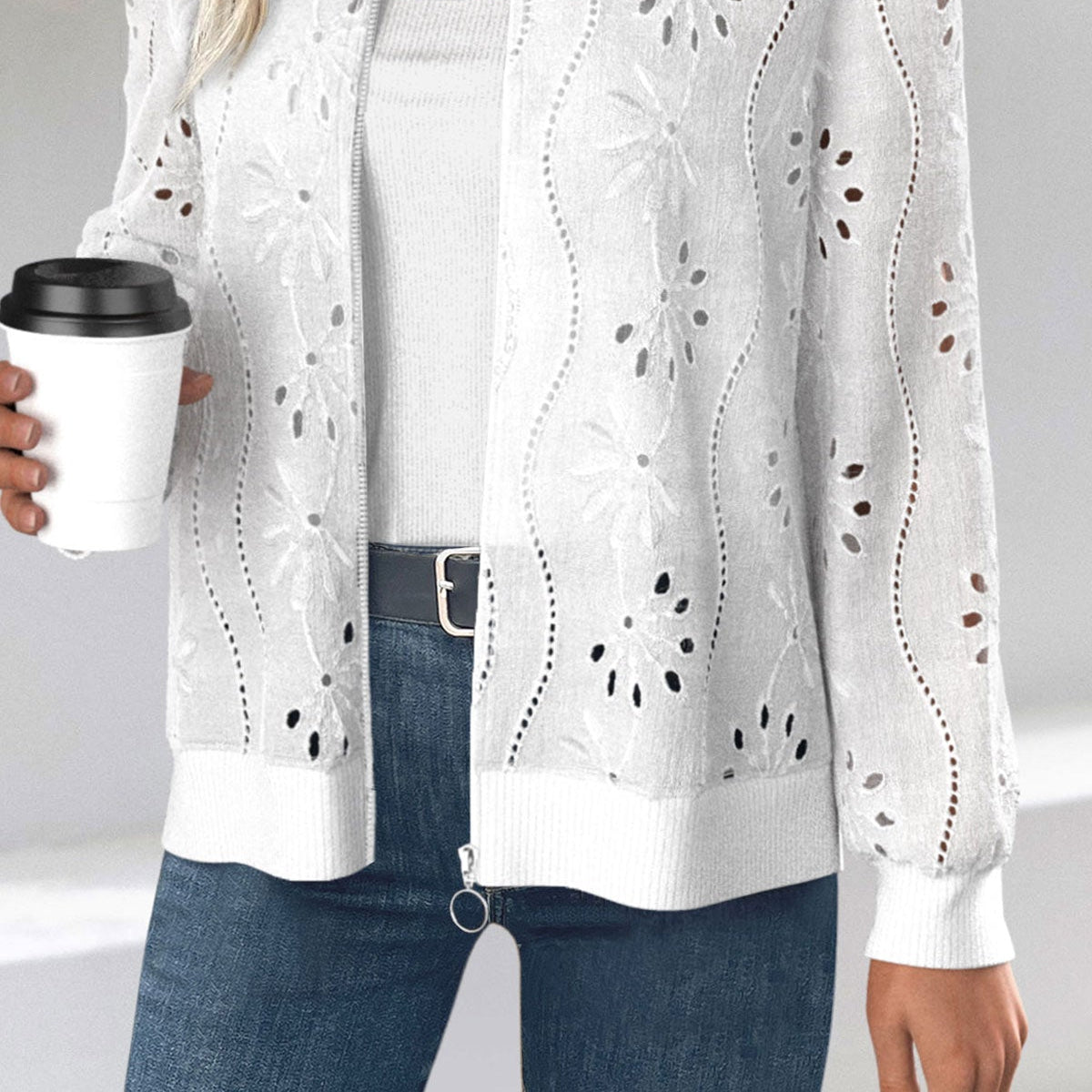 Women's Claire White Jacquard Long-Sleeve Track Jacket with Stand