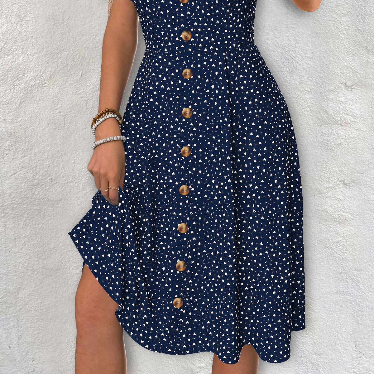 Women > Dresses : Women's Claire Navy Polka Dot V-Neck Dress with Short Sleeves in Navy van Paper Favor