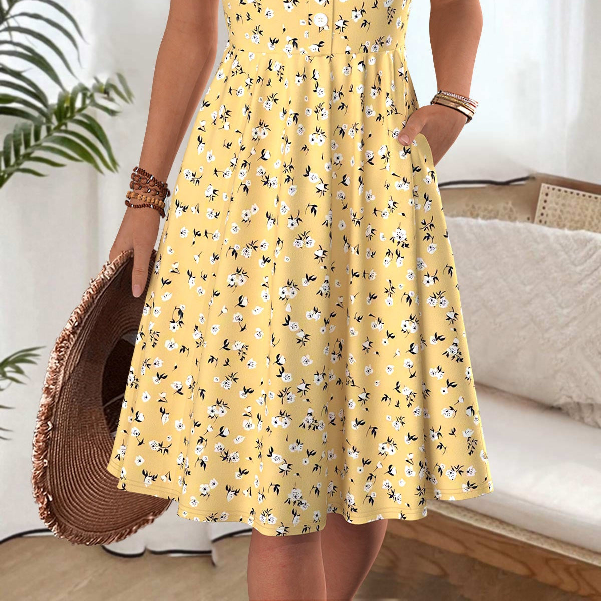 Women's Anabel Yellow Ditsy Floral Print Boat Neck Dress with Short