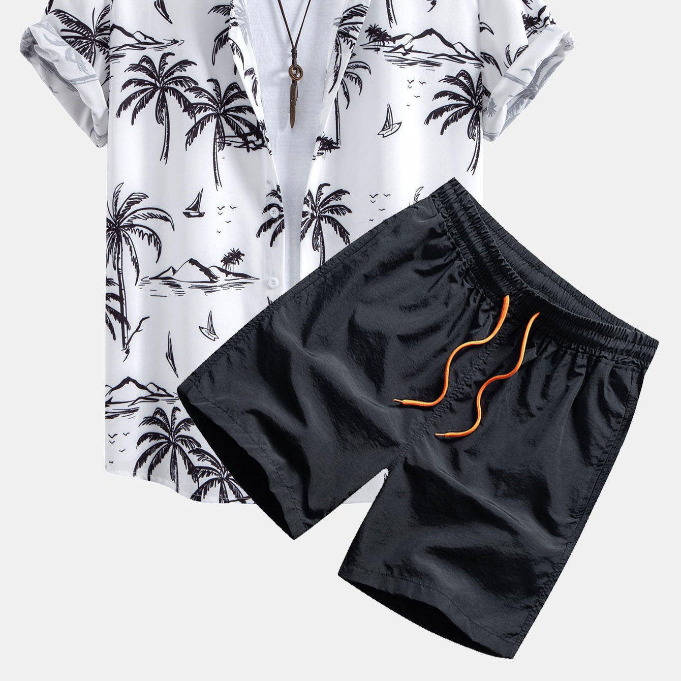 Men's Palm Tree Island Print Button-Up Shirt & Drawstring Swim Shorts