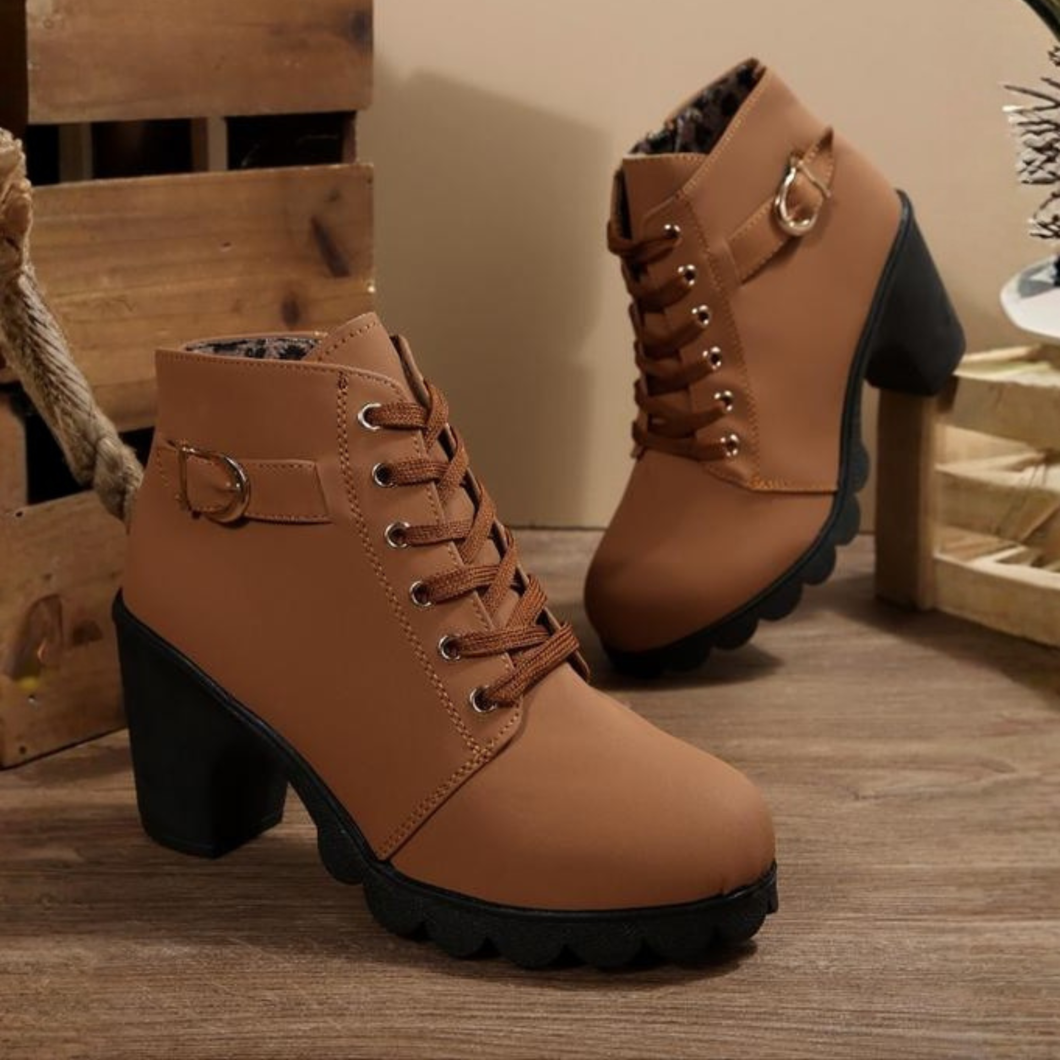 Chic Lace-Up Ankle Boots with Metal Buckle - Bold Chunky Style