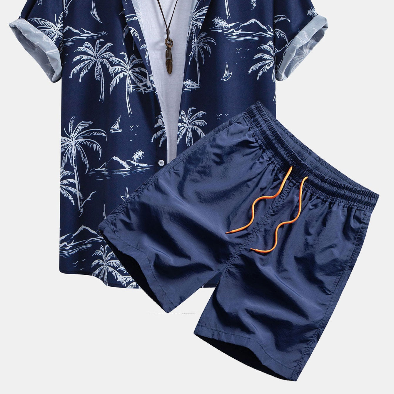 Men's Palm Tree Island Print Button-Up Shirt & Drawstring Swim Shorts