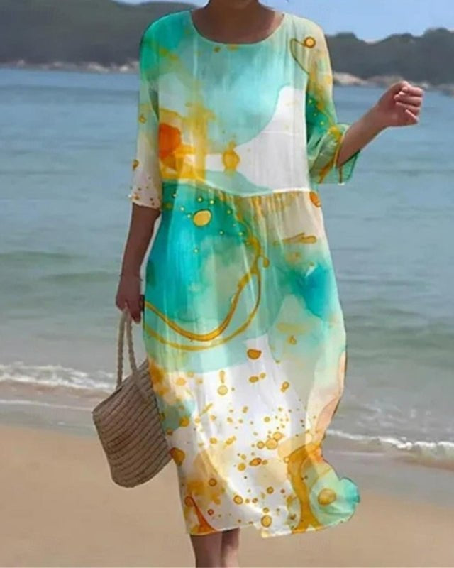 Clothing > Dresses : Keely | Sunset Flower Dress in Green Splashes van Paper Favor