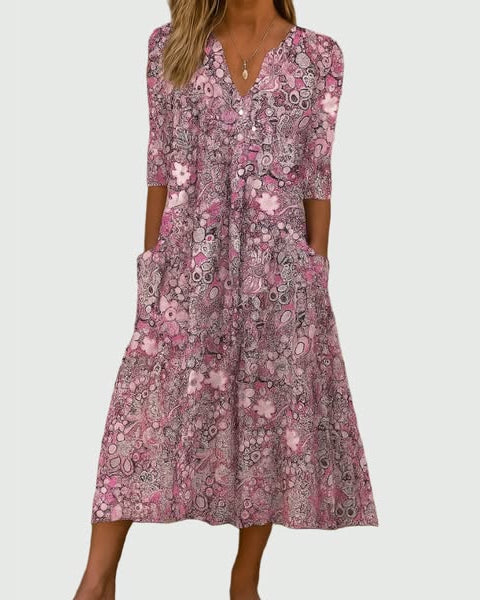 Dress : Evelyn | Graceful Midi Dress With Pockets in Pink van Paper Favor