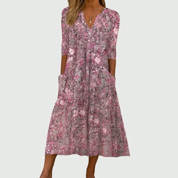 Dress : Evelyn | Graceful Midi Dress With Pockets in Pink van Paper Favor