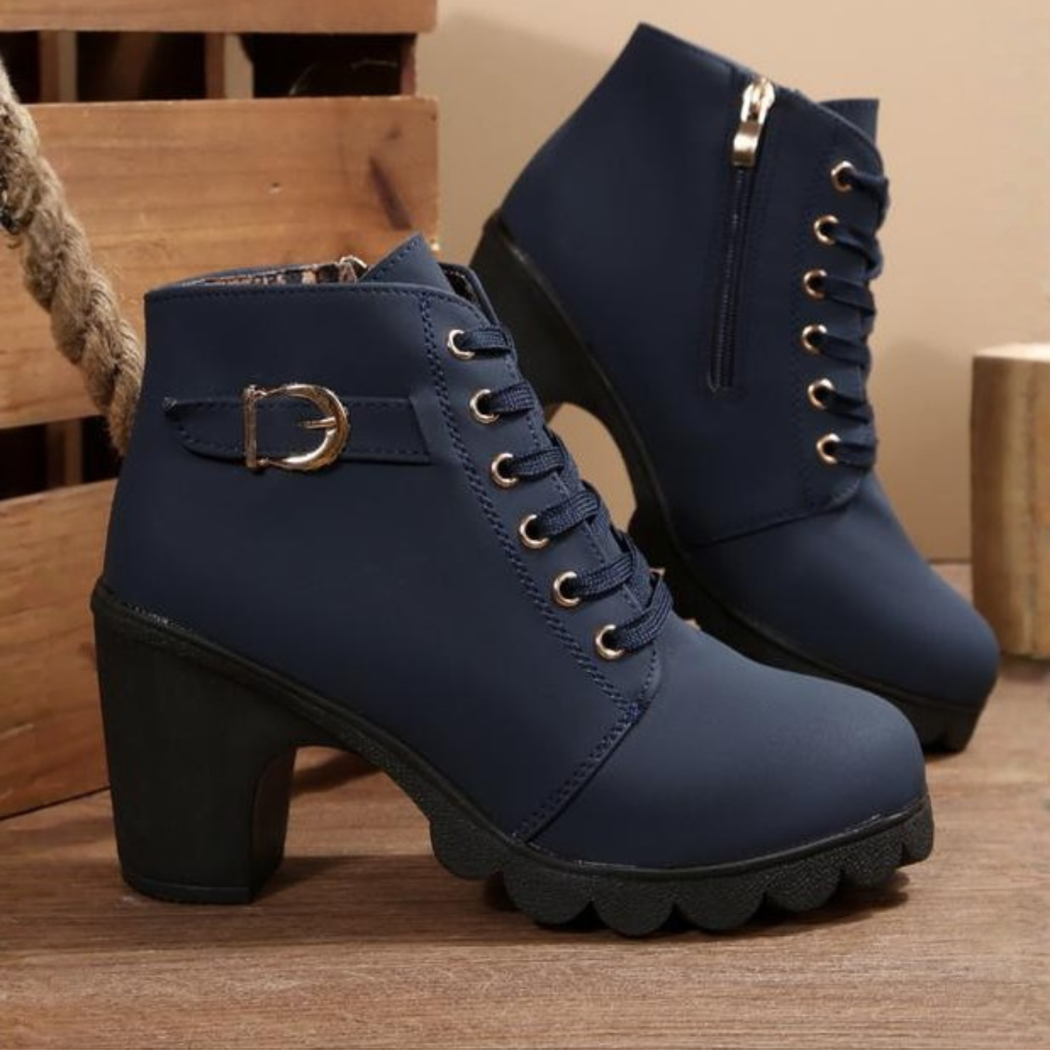 Chic Lace-Up Ankle Boots with Metal Buckle - Bold Chunky Style