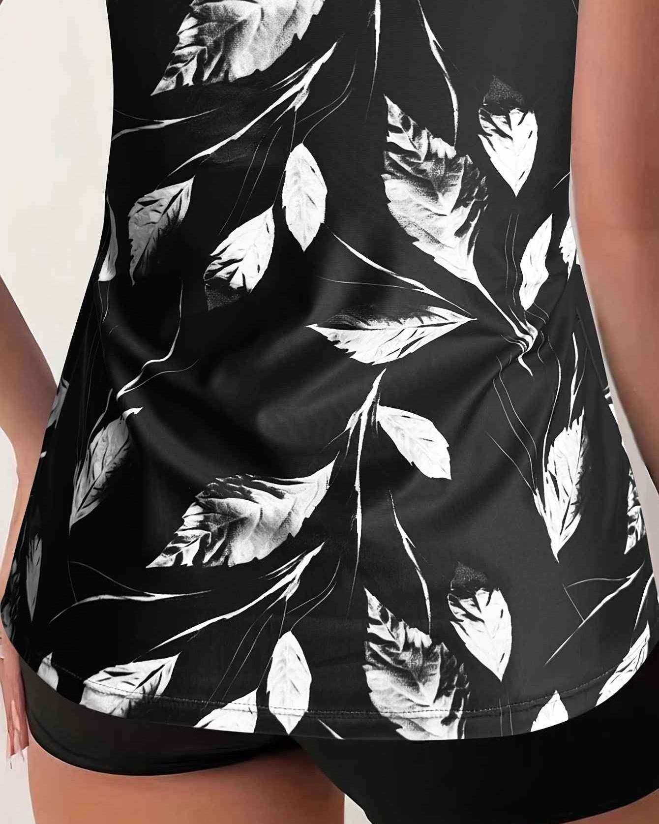 Elise | Elegantes Schwarz-Weiß-Blattmuster-Tankini-Set