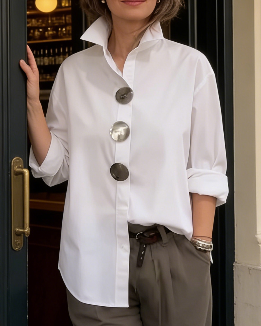 TOP : Rosaline™ | Statement Button Stand Collar Blouse in White van Paper Favor