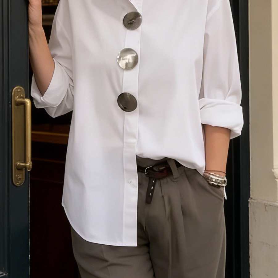 TOP : Rosaline™ | Statement Button Stand Collar Blouse in White van Paper Favor