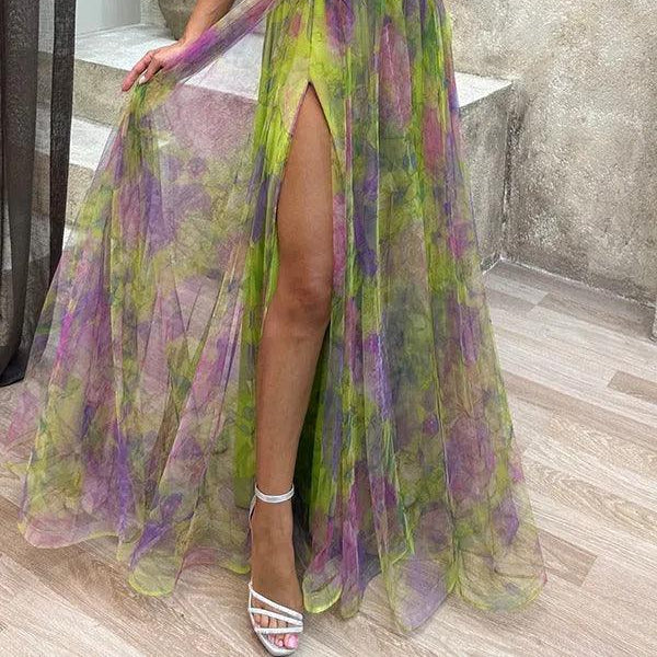 Women's Elegant pleated one-shoulder long dress with floral lace