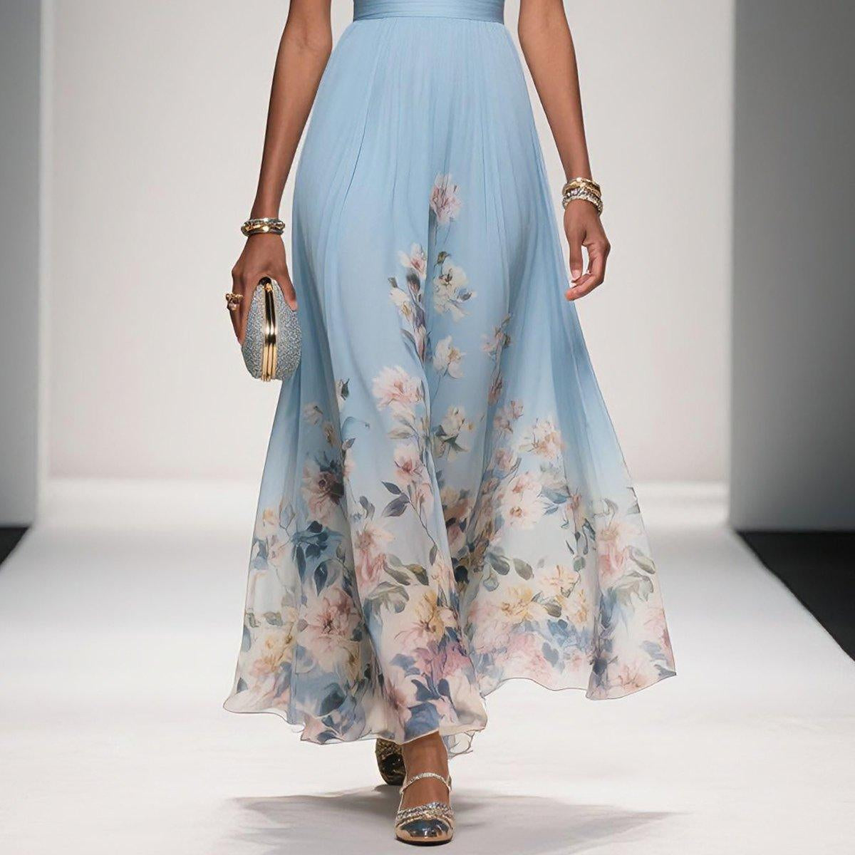 Elegant Light Blue Floral Chiffon V-Neck Sleeveless A-Line Maxi Dress