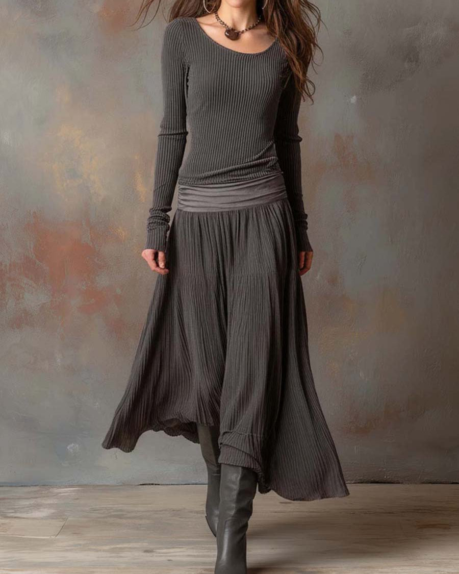 Long Sleeve Midi Dress : Felicity | Luxury Ribbed Sweater Dress in Grey van Paper Favor