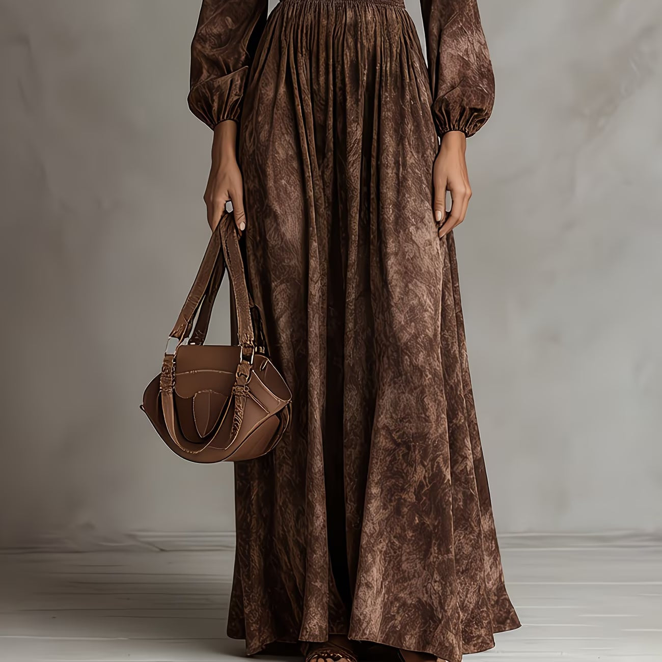Dresses : Charlotte | Long Sleeve Flared Dress in Brown van Paper Favor