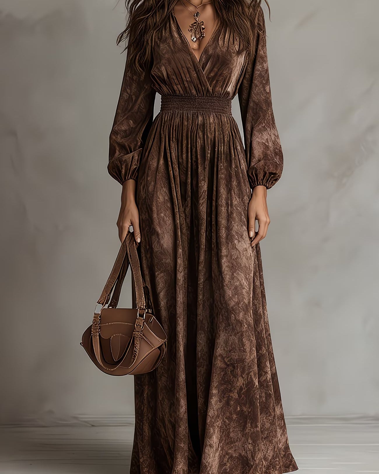 Dresses : Charlotte | Long Sleeve Flared Dress in Brown van Paper Favor