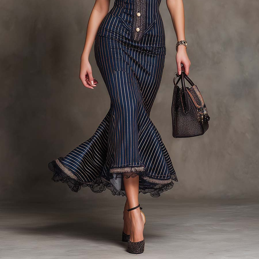 Timeless Vintage Pinstripe Lace-Trim Midi Dress