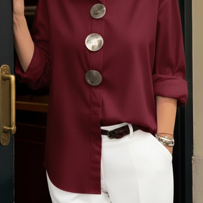 TOP : Rosaline™ | Statement Button Stand Collar Blouse in Burgundy van Paper Favor
