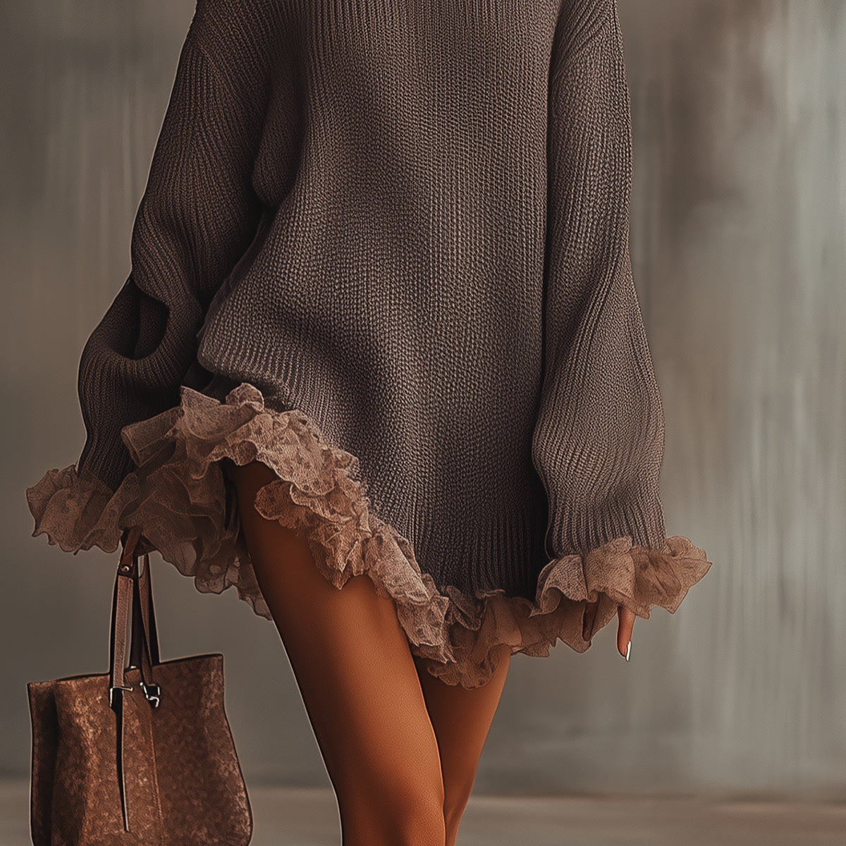 Women > Dresses : Women's Elegant Ruffled Knit Dress in Brown van Paper Favor